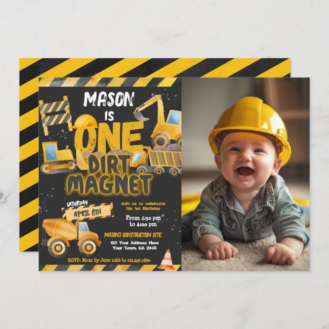 Construction, Dump Truck 1st Birthday Invitation (Front/Back)