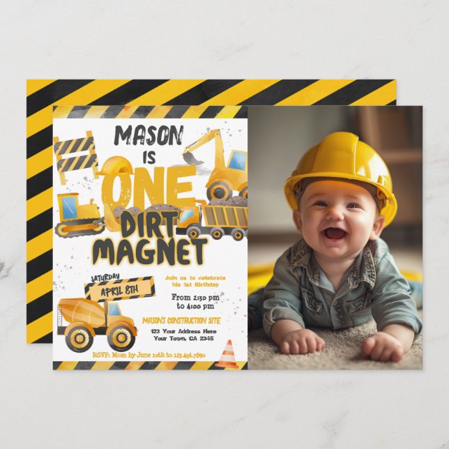 Construction, Dump Truck 1st Birthday Invitation (Front/Back)