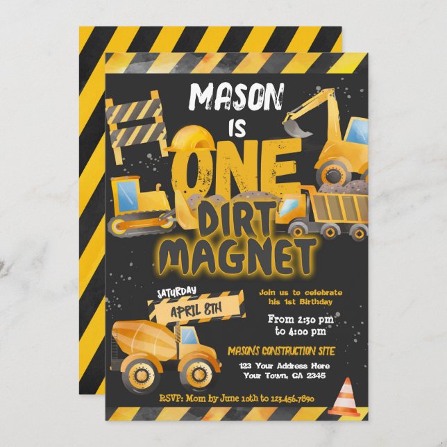 Construction, Dump Truck 1st Birthday Invitation (Front/Back)