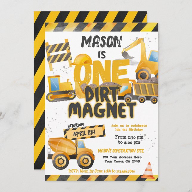 Construction, Dump Truck 1st Birthday Invitation (Front/Back)