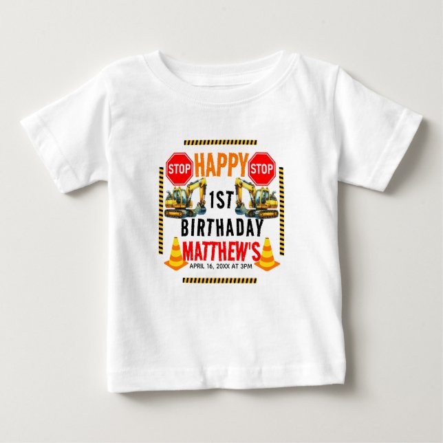Construction Dump Truck 1st Birthday Party Baby T-Shirt (Front)