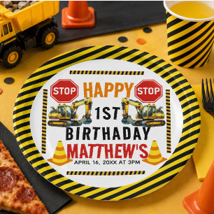 Construction Dump Truck 1st Birthday Party Paper Plate