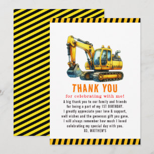 Construction Dump Truck 1st Birthday  Party Thank You Card