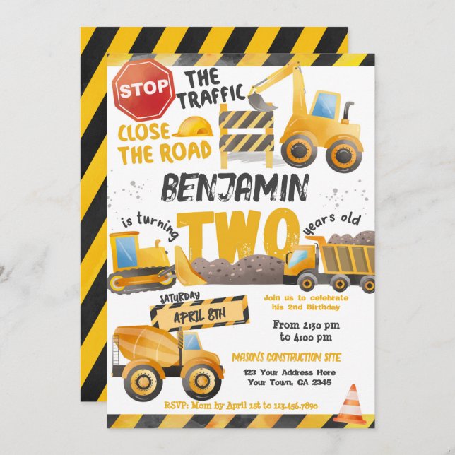 Construction, Dump Truck 2nd Birthday Invitation (Front/Back)