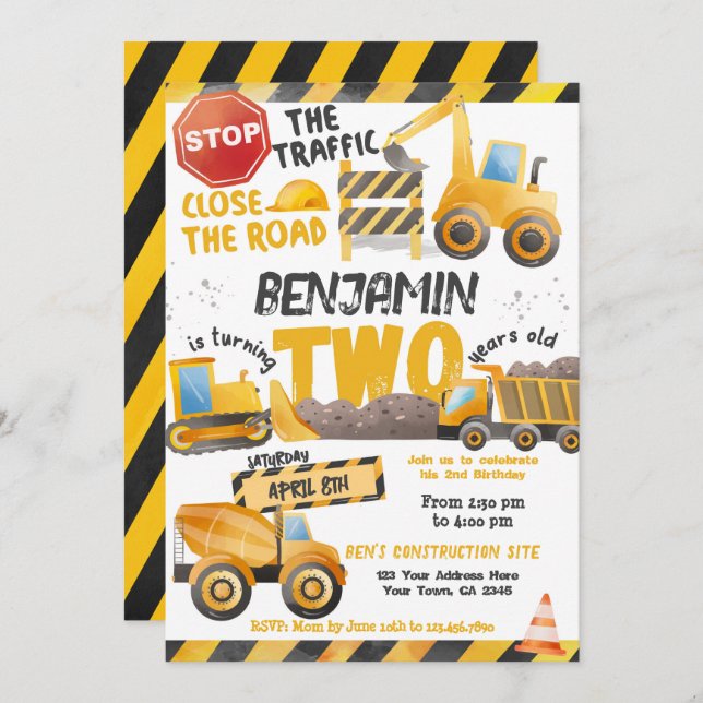 Construction, Dump Truck 2nd Birthday Invitation (Front/Back)