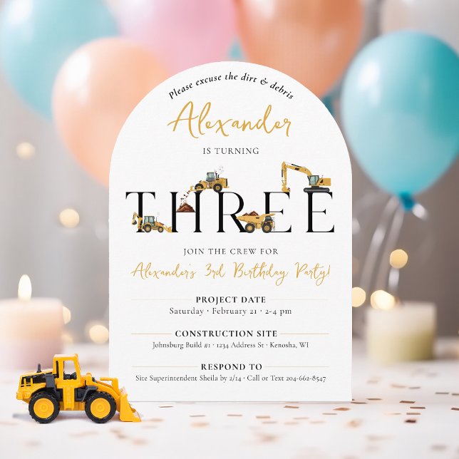 Construction Dump Truck 3rd Birthday Party Arch Invitation (Cute THREE construction machine dump truck digger 3rd birthday party for a boy, printable)