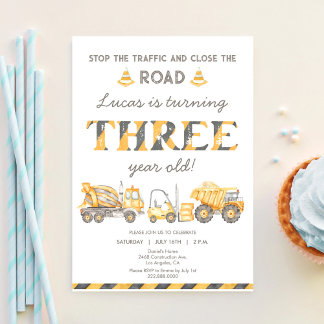 Construction Dump Truck 3rd Boys First Birthday Invitation