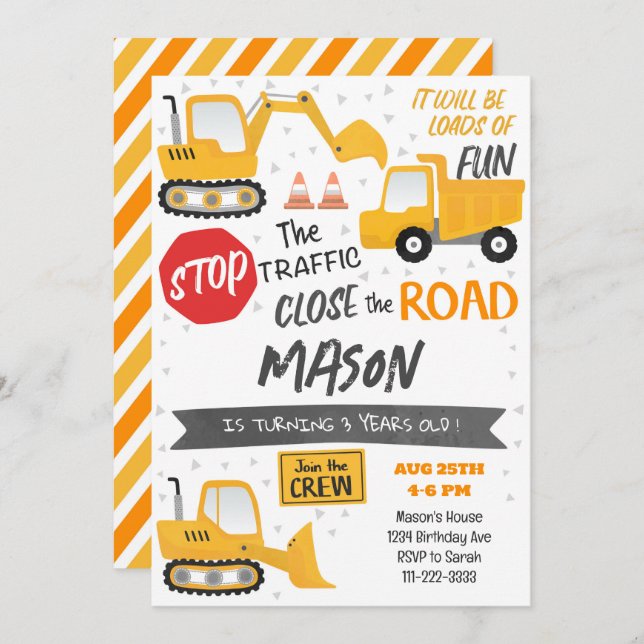 Construction Dump Truck Birthday Invitation (Front/Back)