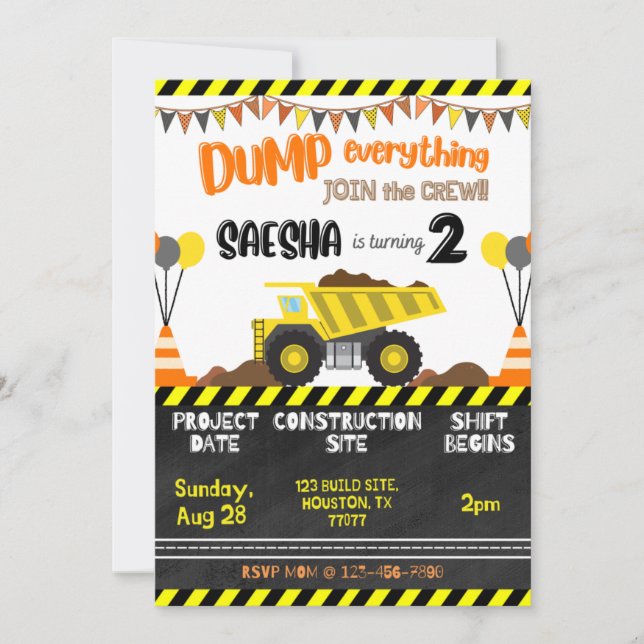 Construction Dump Truck Birthday Invitations (Front)