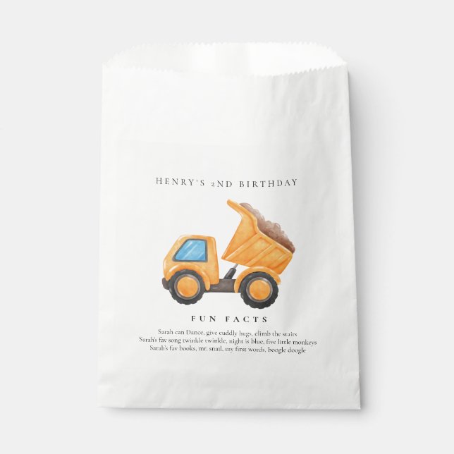 Construction Dump Truck Birthday Party Favour Bag (Front)