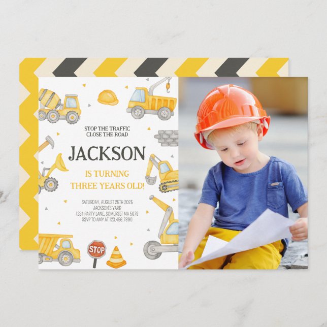 Construction Dump Truck Birthday Party Photo Invitation (Front/Back)