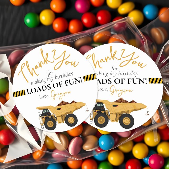 Construction Dump Truck Birthday Thank You Favour Classic Round Sticker (Cute dump truck construction vehicles boy birthday party thank you loads of fun favor stickers )