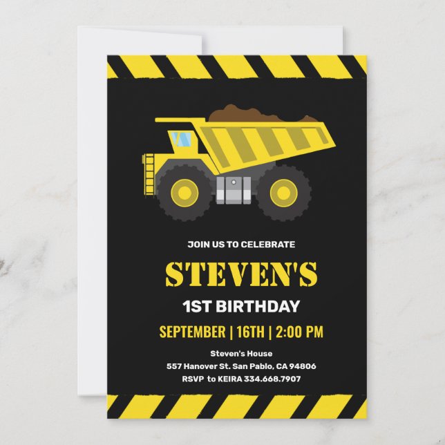 Construction Dump Truck Boy 1st Birthday Invitation (Front)