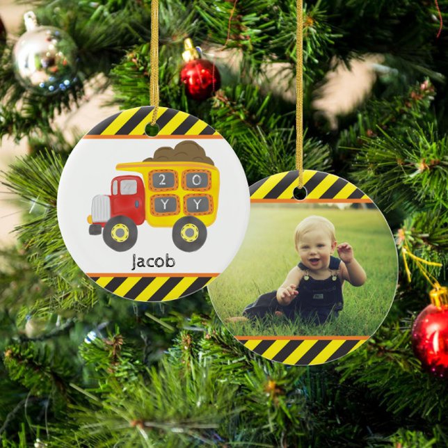 Construction Dump Truck Boy Photo Keepsake Ceramic Ceramic Ornament (Creator Uploaded)