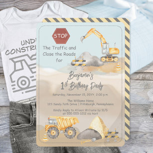 Construction Dump Truck Boy's 1st Birthday Party Invitation