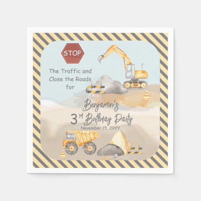 Construction Dump Truck Boy's 3rd Birthday Party Napkin (Front)