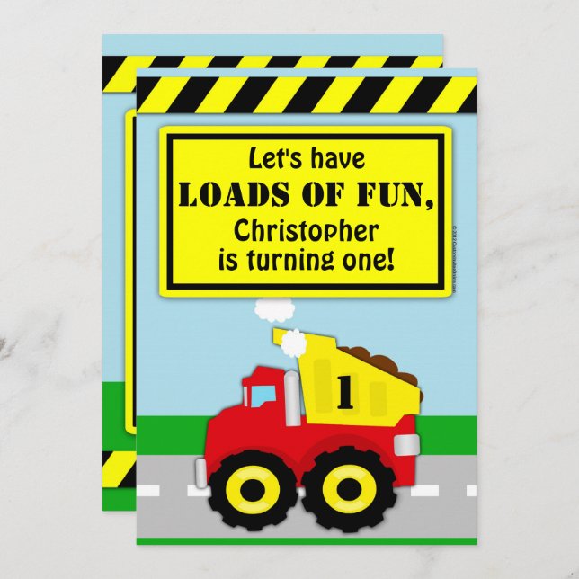 Construction Dump Truck Boys First Birthday Invitation (Front/Back)