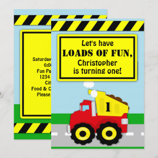 Construction Dump Truck Boys First Birthday Invitation