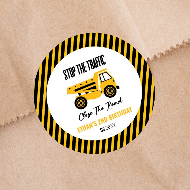 Construction Dump Truck Bulldozer Birthday Party Classic Round Sticker (Creator Uploaded)