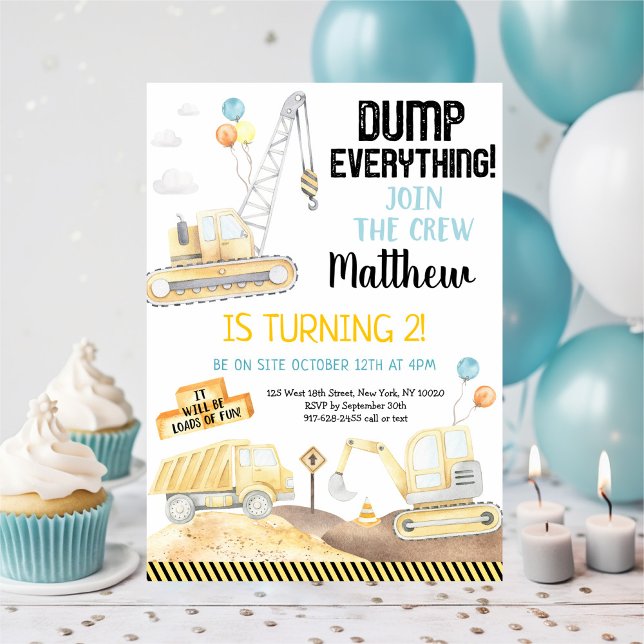 Construction Dump Truck Digger Second Birthday Invitation (Creator Uploaded)