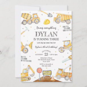 Construction Dump Truck Excavator Boy Birthday  Invitation