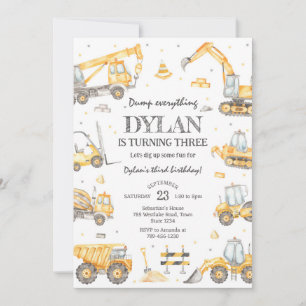 Construction Dump Truck Excavator Boy Birthday Invitation