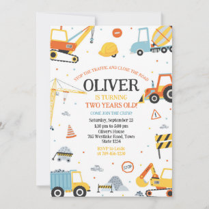 Construction Dump Truck Excavator Boy Birthday  Invitation