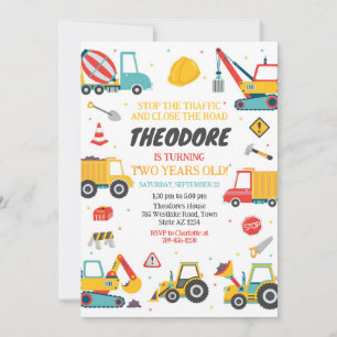Construction Dump Truck Excavator Boy Birthday  Invitation