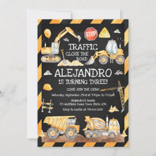 Construction Dump Truck Excavator Boy Birthday Invitation