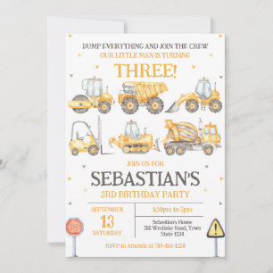 Construction Dump Truck Excavator Boy Birthday  Invitation