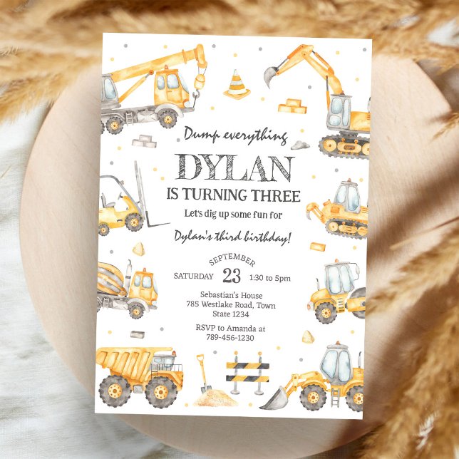 Construction Dump Truck Excavator Boy Birthday Invitation (Creator Uploaded)