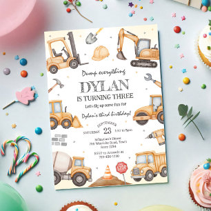 Construction Dump Truck Excavator Boy Birthday Invitation