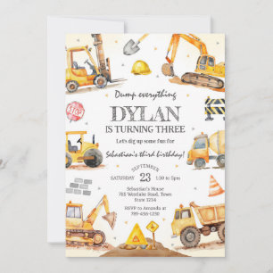 Construction Dump Truck Excavator Boy Birthday Invitation