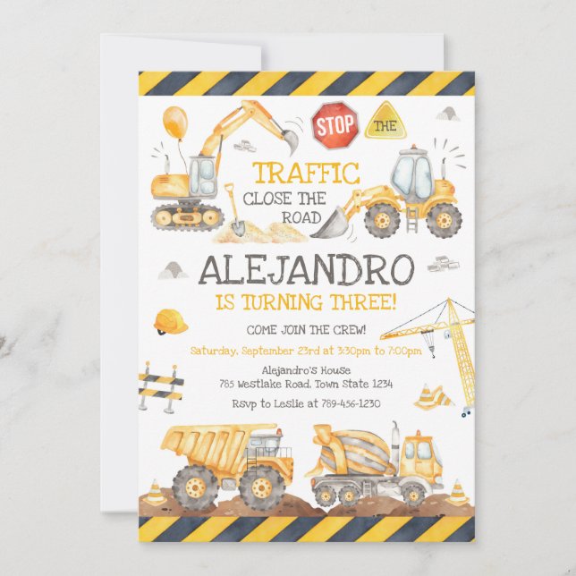 Construction Dump Truck Excavator Boy Birthday Invitation (Front)