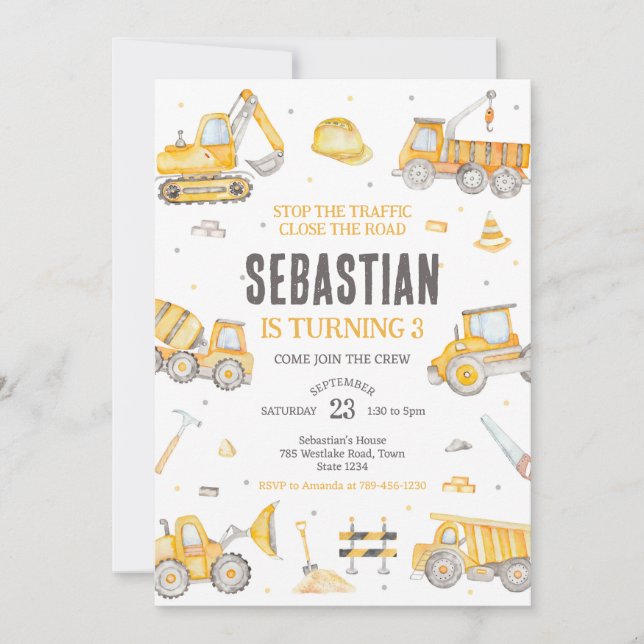 Construction Dump Truck Excavator Boy Birthday Invitation (Front)
