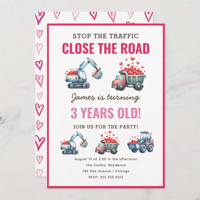 Construction Dump Truck Heart Birthday Invitation (Front/Back)