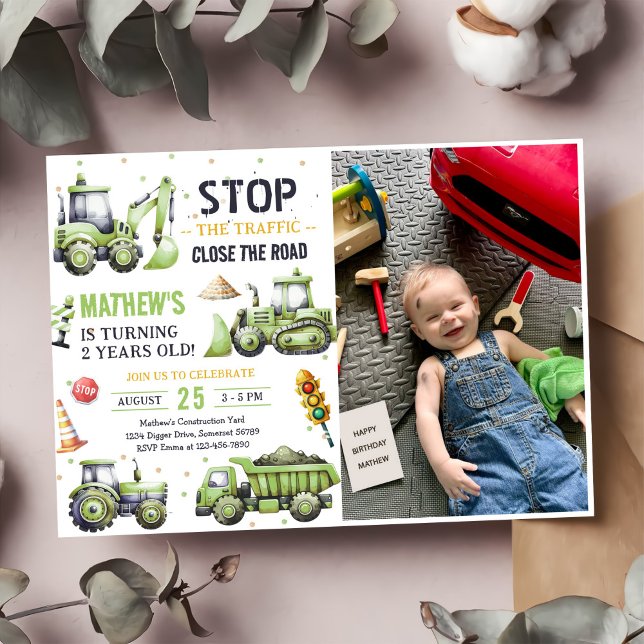 Construction Dump Truck Kids 2nd Birthday Photo Invitation (Creator Uploaded)
