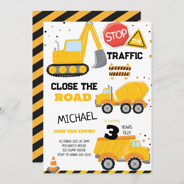 Construction Dump Truck Kids Birthday Party Invitation (Front/Back)
