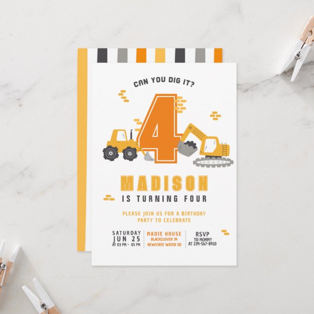 Construction Dump Truck Kids Birthday Party Invite (Front/Back In Situ)