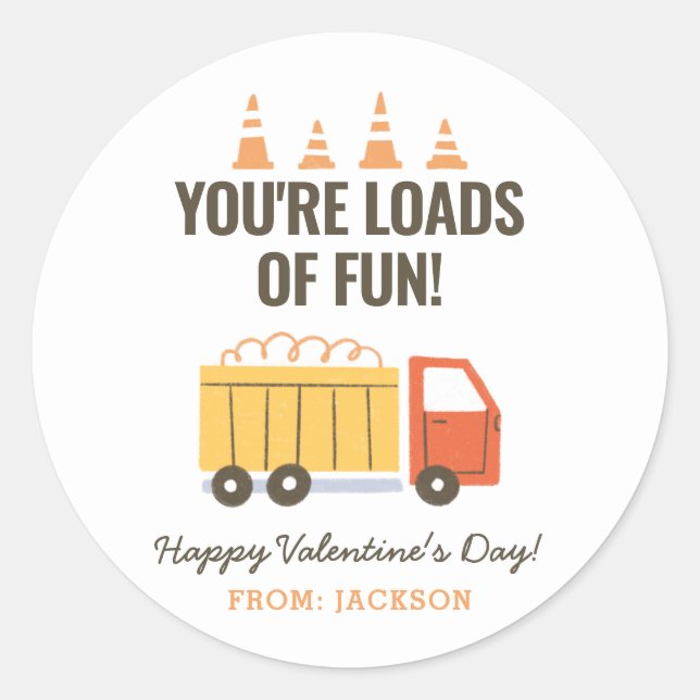 Construction Dump Truck Kids Classroom Valentine Classic Round Sticker (Front)