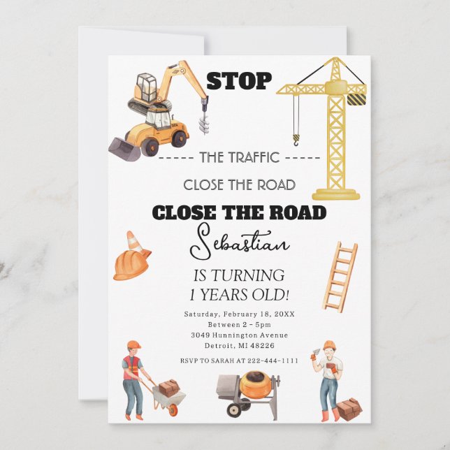 Construction Dump Truck Kids First Birthday Party Invitation (Front)