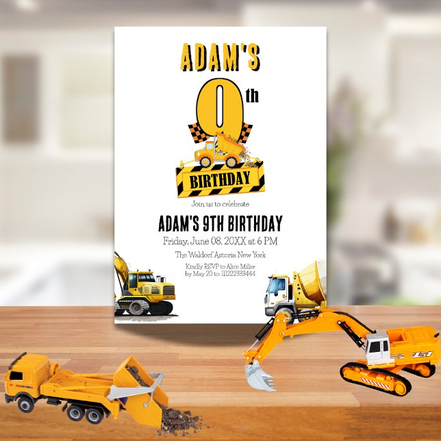 Construction Dump Truck Nineth Birthday Party Invitation (Creator Uploaded)
