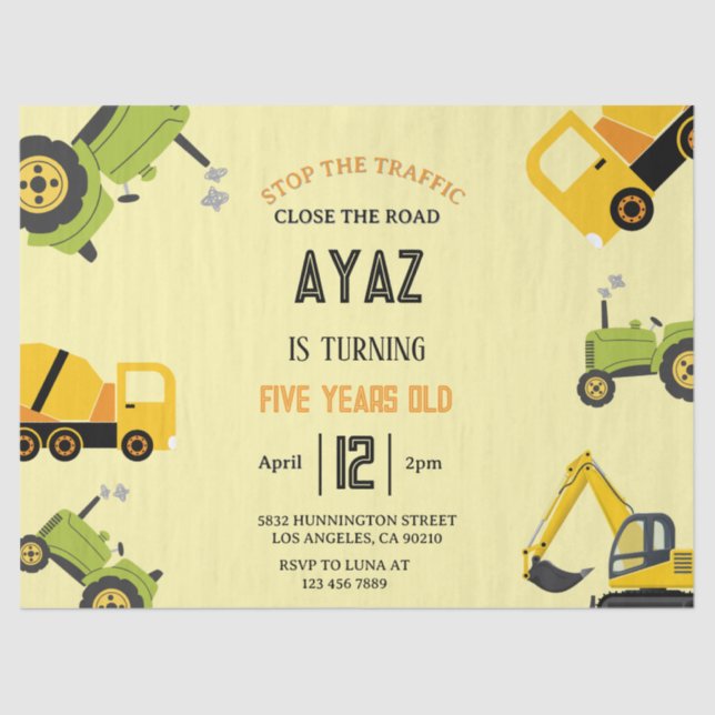 Construction Dump Truck Party Boy Birthday  Tissue Paper (Front)