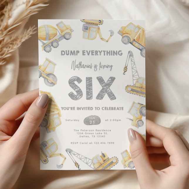 Construction Dump Truck SIX 6th Birthday Party Invitation (Creator Uploaded)