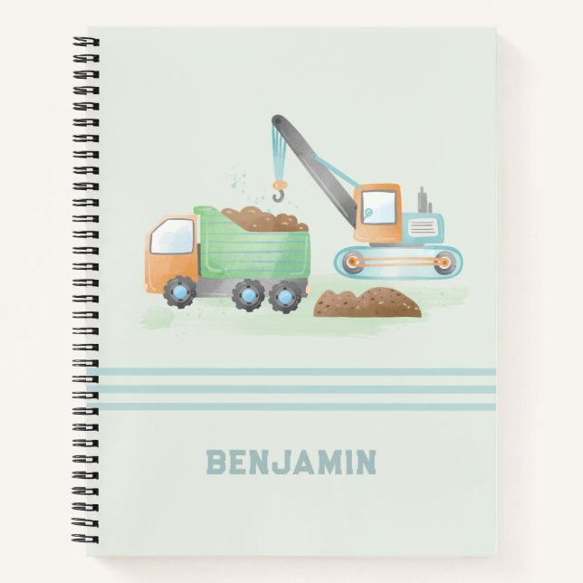 Construction Dump Truck Soft Green Blue Boy Name Notebook (Front)
