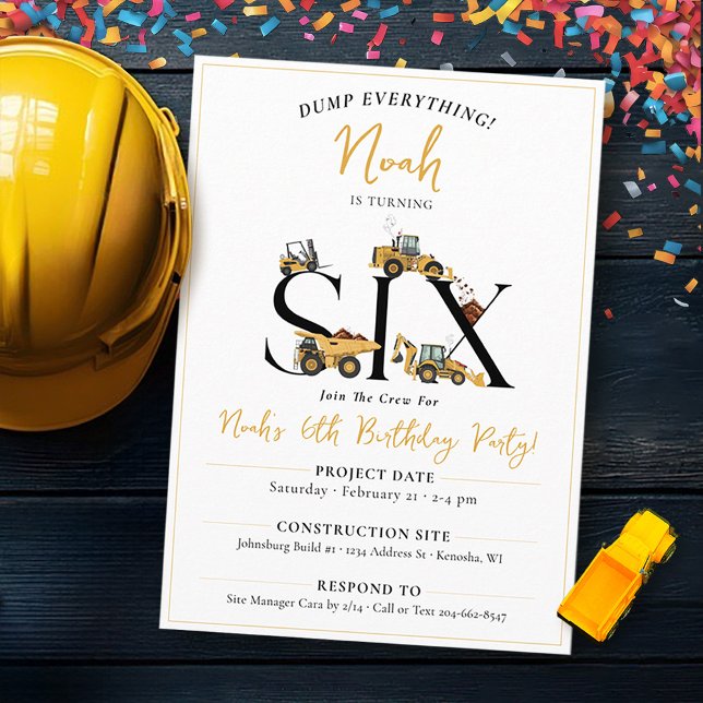 Construction Dump Trucks 6th Boy Birthday Party Invitation (Cute construction trucks theme funny SIX boys 6th birthday party invitation, dump everything, digger)