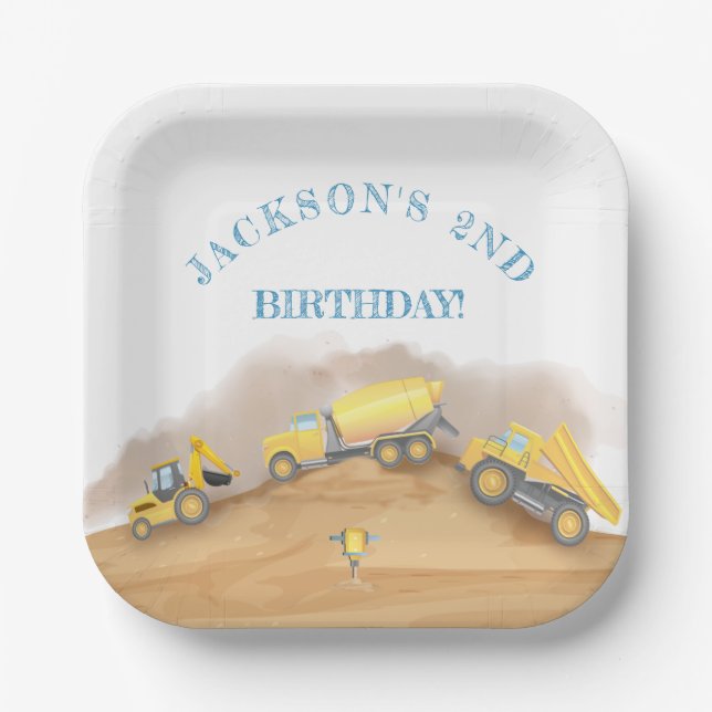 Construction Dump Trucks Birthday Party Paper Plate (Front)