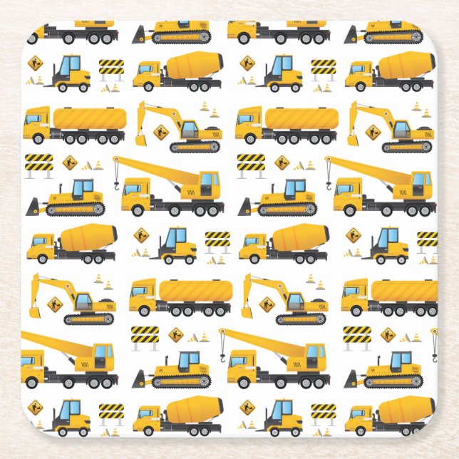 Construction Dump Trucks Pattern Party Supplies Square Paper Coaster (Front)