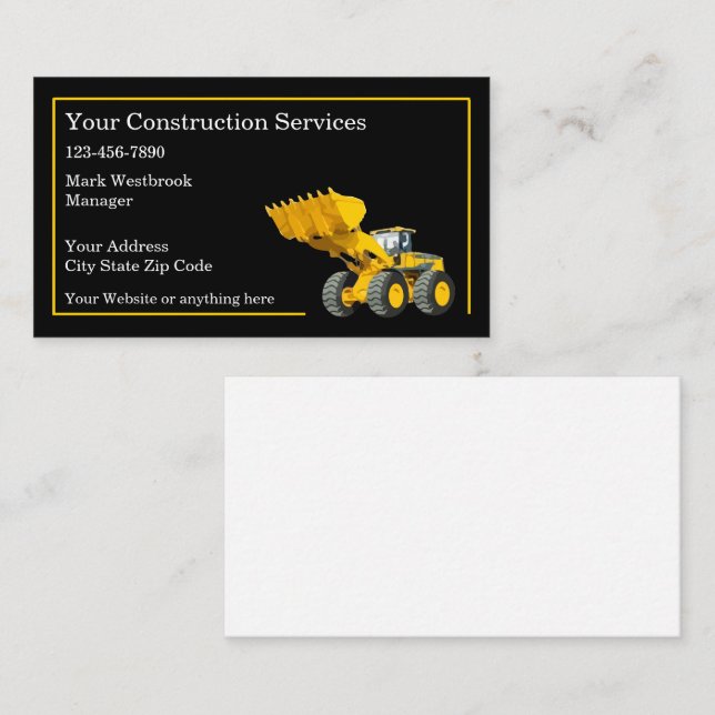 Construction Excavating Equipment Services Business Card (Front/Back)