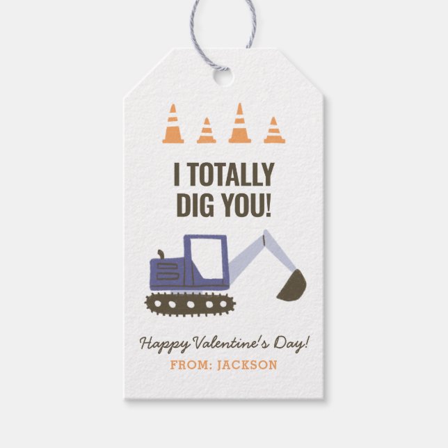 Construction Excavator Kids Classroom Valentine Gift Tags (Front)